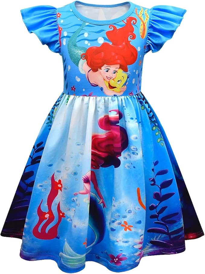 vechlo 小美人鱼连衣裙女孩卡通图案连衣裙儿童休闲公主裙服装尺码 5